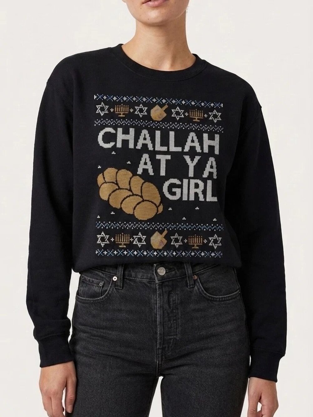 Challah At Ya Girl Womens Sweatshirt, Hanukkah Ugly Sweater, Funny, Sz M Black